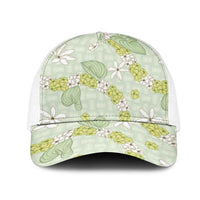 Hawaii Anthurium Tiare Pikake Lei Mesh Trucker Cap Sage Green Lauhala Art Pattern