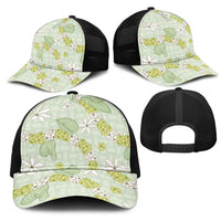 Hawaii Anthurium Tiare Pikake Lei Mesh Trucker Cap Sage Green Lauhala Art Pattern