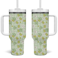 Hawaii Anthurium Tiare Pikake Lei Tumbler With Handle Sage Green Lauhala Art Pattern