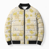 Hawaii Anthurium Tiare Pikake Lei Bomber Puffer Jacket Melemele Lauhala Art Pattern