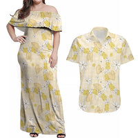 Hawaii Anthurium Tiare Pikake Lei Couples Matching Off Shoulder Maxi Dress and Hawaiian Shirt Melemele Lauhala Art Pattern