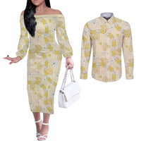 Hawaii Anthurium Tiare Pikake Lei Couples Matching Off The Shoulder Long Sleeve Dress and Long Sleeve Button Shirt Melemele Lauhala Art Pattern