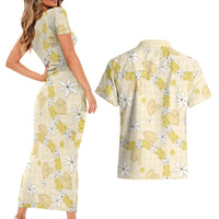 Hawaii Anthurium Tiare Pikake Lei Couples Matching Short Sleeve Bodycon Dress and Hawaiian Shirt Melemele Lauhala Art Pattern LT01 - Polynesian Pride