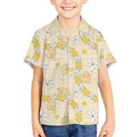 Hawaii Anthurium Tiare Pikake Lei Family Matching Off Shoulder Short Dress and Hawaiian Shirt Melemele Lauhala Art Pattern LT01 Son's Shirt Yellow - Polynesian Pride