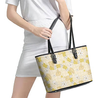 Hawaii Anthurium Tiare Pikake Lei Leather Tote Bag Melemele Lauhala Art Pattern