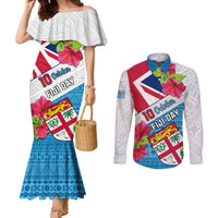 Fiji Day Couples Matching Mermaid Dress and Long Sleeve Button Shirts Fijian Hibiscus Special Version LT01 White - Polynesian Pride