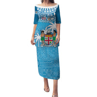 Fiji Family Matching Puletasi Dress and Hawaiian Shirt Bula Fijian Tapa Pattern LT01 Mom's Dress Blue - Polynesian Pride