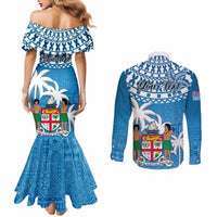 Personalised Fiji Couples Matching Mermaid Dress and Long Sleeve Button Shirts Bula Fijian Tapa Pattern LT01 - Polynesian Pride