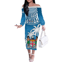 Personalised Fiji Family Matching Off Shoulder Long Sleeve Dress and Hawaiian Shirt Bula Fijian Tapa Pattern LT01 Mom's Dress Blue - Polynesian Pride