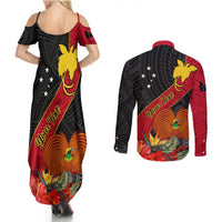 Personalised Papua New Guinea Couples Matching Summer Maxi Dress and Long Sleeve Button Shirts Bird Of Paradise With Tropical Flower LT01 - Polynesian Pride