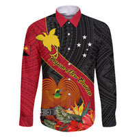 Personalised Papua New Guinea Family Matching Long Sleeve Bodycon Dress and Hawaiian Shirt Bird Of Paradise With Tropical Flower LT01 Dad's Shirt - Long Sleeve Black - Polynesian Pride