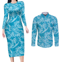 Tahiti Ninamu Tiare Floral Couples Matching Long Sleeve Bodycon Dress and Long Sleeve Button Shirt Monstera Palm Tropical Leaves LT01 Blue - Polynesian Pride