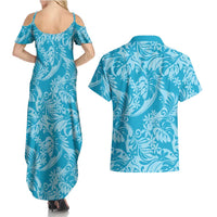 Tahiti Ninamu Tiare Floral Couples Matching Summer Maxi Dress and Hawaiian Shirt Monstera Palm Tropical Leaves LT01 - Polynesian Pride