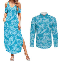 Tahiti Ninamu Tiare Floral Couples Matching Summer Maxi Dress and Long Sleeve Button Shirt Monstera Palm Tropical Leaves - Polynesian Pride