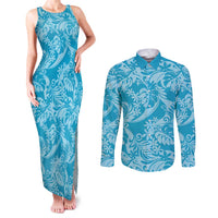 Tahiti Ninamu Tiare Floral Couples Matching Tank Maxi Dress and Long Sleeve Button Shirt Monstera Palm Tropical Leaves LT01 Blue - Polynesian Pride