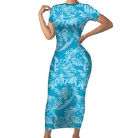 Tahiti Ninamu Tiare Floral Family Matching Short Sleeve Bodycon Dress and Hawaiian Shirt Monstera Palm Tropical Leaves LT01 Mom's Dress Blue - Polynesian Pride