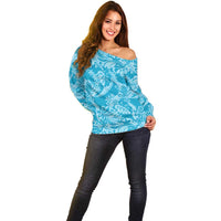 Tahiti Ninamu Tiare Floral Off Shoulder Sweater Monstera Palm Tropical Leaves - Polynesian Pride