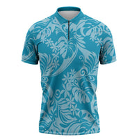 Tahiti Ninamu Tiare Floral Zipper Polo Shirt Monstera Palm Tropical Leaves LT01 Blue - Polynesian Pride