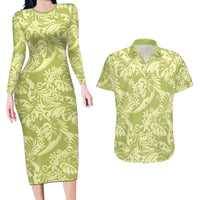 Tahiti Olive Tiare Floral Couples Matching Long Sleeve Bodycon Dress and Hawaiian Shirt Monstera Palm Tropical Leaves LT01 Olive - Polynesian Pride