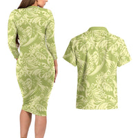 Tahiti Olive Tiare Floral Couples Matching Long Sleeve Bodycon Dress and Hawaiian Shirt Monstera Palm Tropical Leaves LT01 - Polynesian Pride
