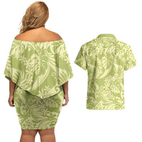 Tahiti Olive Tiare Floral Couples Matching Off Shoulder Short Dress and Hawaiian Shirt Monstera Palm Tropical Leaves LT01 - Polynesian Pride