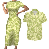 Tahiti Olive Tiare Floral Couples Matching Short Sleeve Bodycon Dress and Hawaiian Shirt Monstera Palm Tropical Leaves LT01 Olive - Polynesian Pride