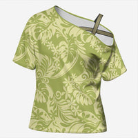 Tahiti Olive Tiare Floral Cross Shoulder Shirt Monstera Palm Tropical Leaves - Polynesian Pride