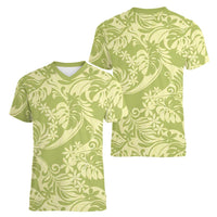 Tahiti Olive Tiare Floral Women V-Neck T-Shirt Monstera Palm Tropical Leaves - Polynesian Pride