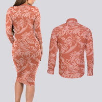 Tahiti Puatou Tiare Floral Couples Matching Long Sleeve Bodycon Dress and Long Sleeve Button Shirt Monstera Palm Tropical Leaves LT01 - Polynesian Pride