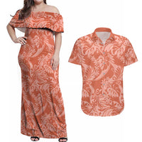 Tahiti Puatou Tiare Floral Couples Matching Off Shoulder Maxi Dress and Hawaiian Shirt Monstera Palm Tropical Leaves LT01 Orange - Polynesian Pride