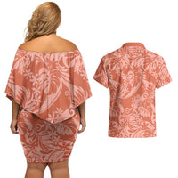Tahiti Puatou Tiare Floral Couples Matching Off Shoulder Short Dress and Hawaiian Shirt Monstera Palm Tropical Leaves LT01 - Polynesian Pride