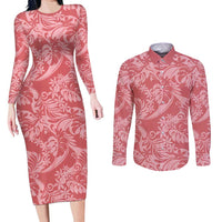 Tahiti Tarona Tiare Floral Couples Matching Long Sleeve Bodycon Dress and Long Sleeve Button Shirt Monstera Palm Tropical Leaves LT01 Pink - Polynesian Pride