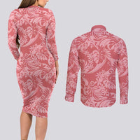 Tahiti Tarona Tiare Floral Couples Matching Long Sleeve Bodycon Dress and Long Sleeve Button Shirt Monstera Palm Tropical Leaves LT01 - Polynesian Pride