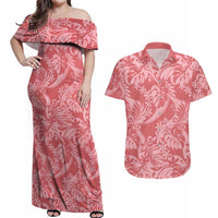 Tahiti Tarona Tiare Floral Couples Matching Off Shoulder Maxi Dress and Hawaiian Shirt Monstera Palm Tropical Leaves LT01 Pink - Polynesian Pride