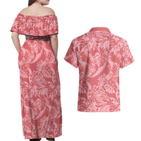 Tahiti Tarona Tiare Floral Couples Matching Off Shoulder Maxi Dress and Hawaiian Shirt Monstera Palm Tropical Leaves LT01 - Polynesian Pride