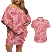 Tahiti Tarona Tiare Floral Couples Matching Off Shoulder Short Dress and Hawaiian Shirt Monstera Palm Tropical Leaves LT01 Pink - Polynesian Pride
