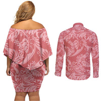 Tahiti Tarona Tiare Floral Couples Matching Off Shoulder Short Dress and Long Sleeve Button Shirt Monstera Palm Tropical Leaves LT01 - Polynesian Pride