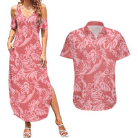 Tahiti Tarona Tiare Floral Couples Matching Summer Maxi Dress and Hawaiian Shirt Monstera Palm Tropical Leaves LT01 Pink - Polynesian Pride