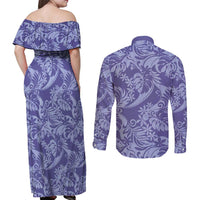 Tahiti Vareau Tiare Floral Couples Matching Off Shoulder Maxi Dress and Long Sleeve Button Shirt Monstera Palm Tropical Leaves LT01 - Polynesian Pride