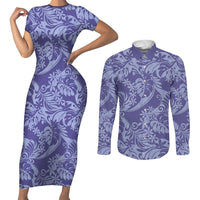 Tahiti Vareau Tiare Floral Couples Matching Short Sleeve Bodycon Dress and Long Sleeve Button Shirt Monstera Palm Tropical Leaves LT01 Purple - Polynesian Pride
