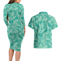 Tahiti Teal Tiare Floral Couples Matching Long Sleeve Bodycon Dress and Hawaiian Shirt Monstera Palm Tropical Leaves LT01 - Polynesian Pride