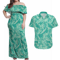 Tahiti Teal Tiare Floral Couples Matching Off Shoulder Maxi Dress and Hawaiian Shirt Monstera Palm Tropical Leaves LT01 Teal - Polynesian Pride