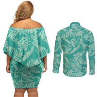 Tahiti Teal Tiare Floral Couples Matching Off Shoulder Short Dress and Long Sleeve Button Shirt Monstera Palm Tropical Leaves LT01 - Polynesian Pride