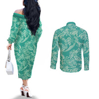 Tahiti Teal Tiare Floral Couples Matching Off The Shoulder Long Sleeve Dress and Long Sleeve Button Shirt Monstera Palm Tropical Leaves LT01 - Polynesian Pride
