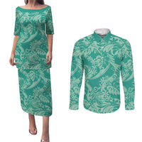 Tahiti Teal Tiare Floral Couples Matching Puletasi and Long Sleeve Button Shirt Monstera Palm Tropical Leaves - Polynesian Pride