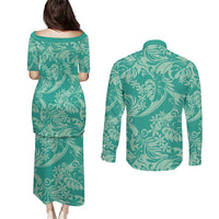 Tahiti Teal Tiare Floral Couples Matching Puletasi and Long Sleeve Button Shirt Monstera Palm Tropical Leaves - Polynesian Pride