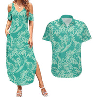 Tahiti Teal Tiare Floral Couples Matching Summer Maxi Dress and Hawaiian Shirt Monstera Palm Tropical Leaves LT01 Teal - Polynesian Pride
