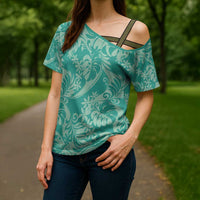Tahiti Teal Tiare Floral Cross Shoulder Shirt Monstera Palm Tropical Leaves - Polynesian Pride