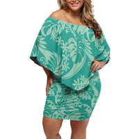 Tahiti Teal Tiare Floral Family Matching Off Shoulder Short Dress and Hawaiian Shirt Monstera Palm Tropical Leaves LT01 Mom's Dress Teal - Polynesian Pride