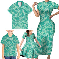 Tahiti Teal Tiare Floral Family Matching Short Sleeve Bodycon Dress and Hawaiian Shirt Monstera Palm Tropical Leaves LT01 - Polynesian Pride